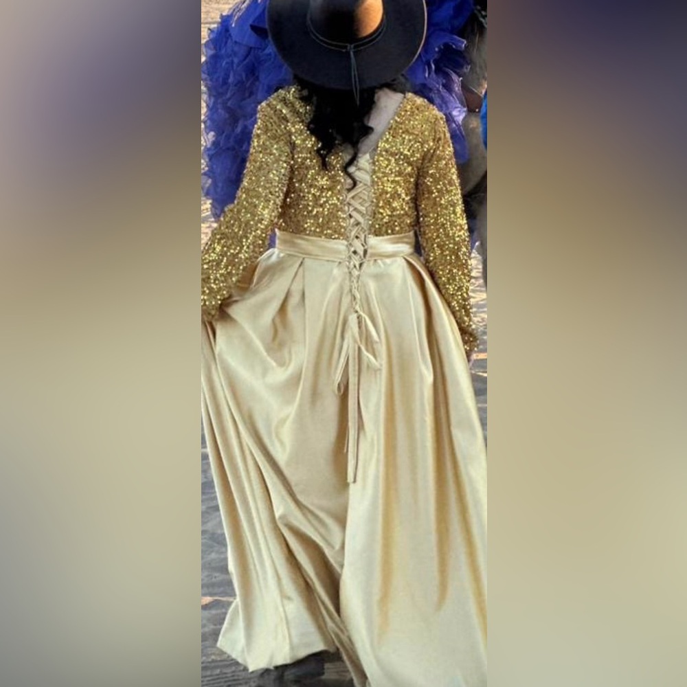 Elegant V Neck Sequin Satin Evening Gown Long Sleeve - Picture 3 of 7